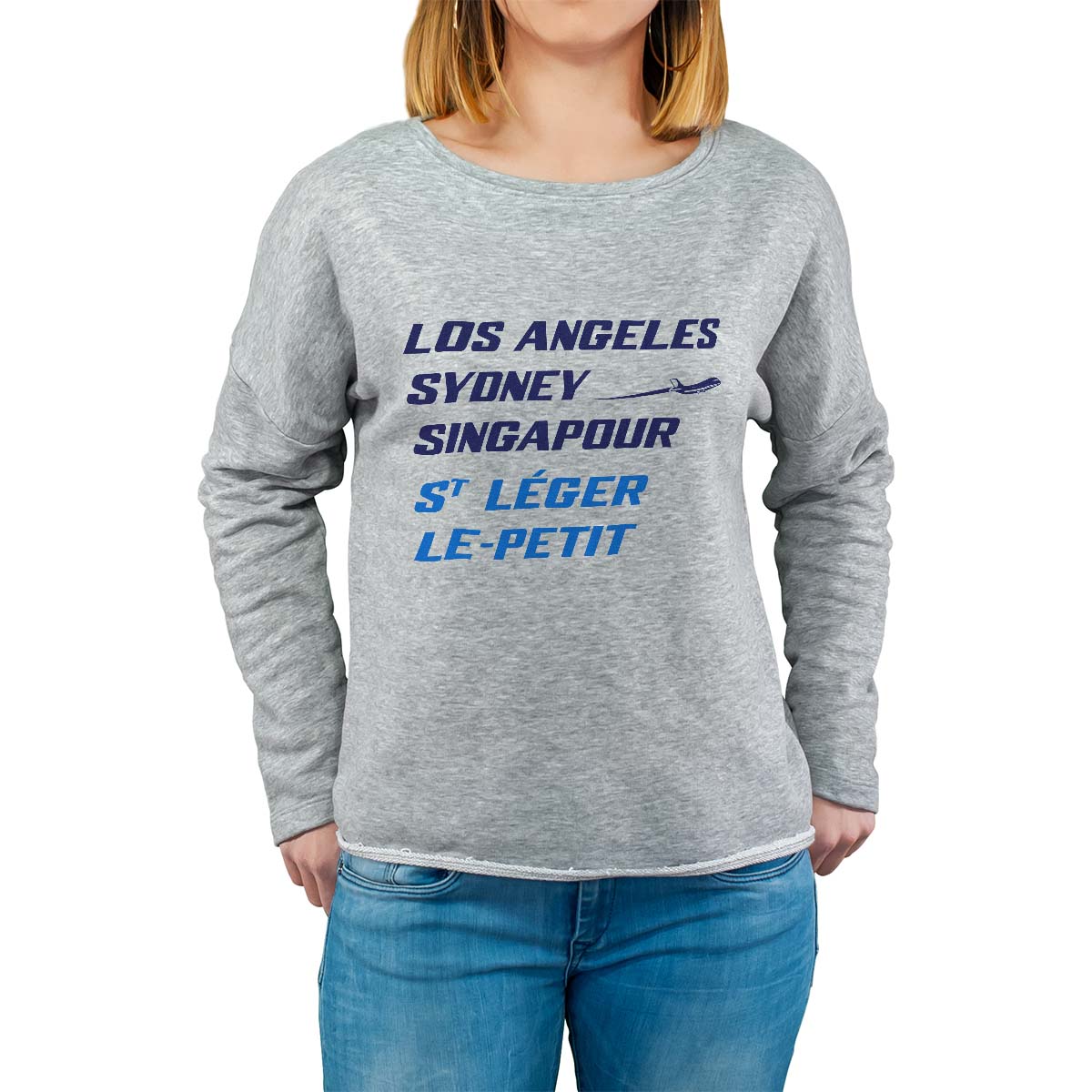 Sweat shirt gris pour femme avec le message personnalisé marine los angeles sydney singapour saint-léger-le-petit