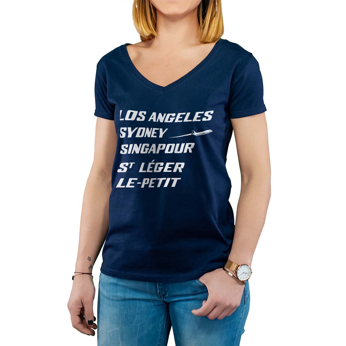 T-Shirt marine pour femme avec le message personnalisé blanc los angeles sydney singapour saint-léger-le-petit