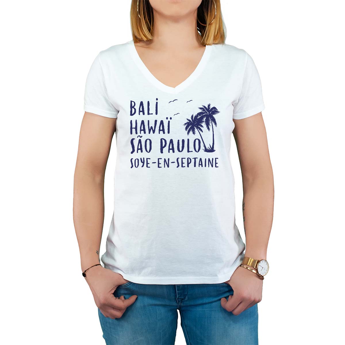 T-Shirt blanc pour femme avec le message personnalisé marine bali hawaï sao-paulo soye-en-septaine