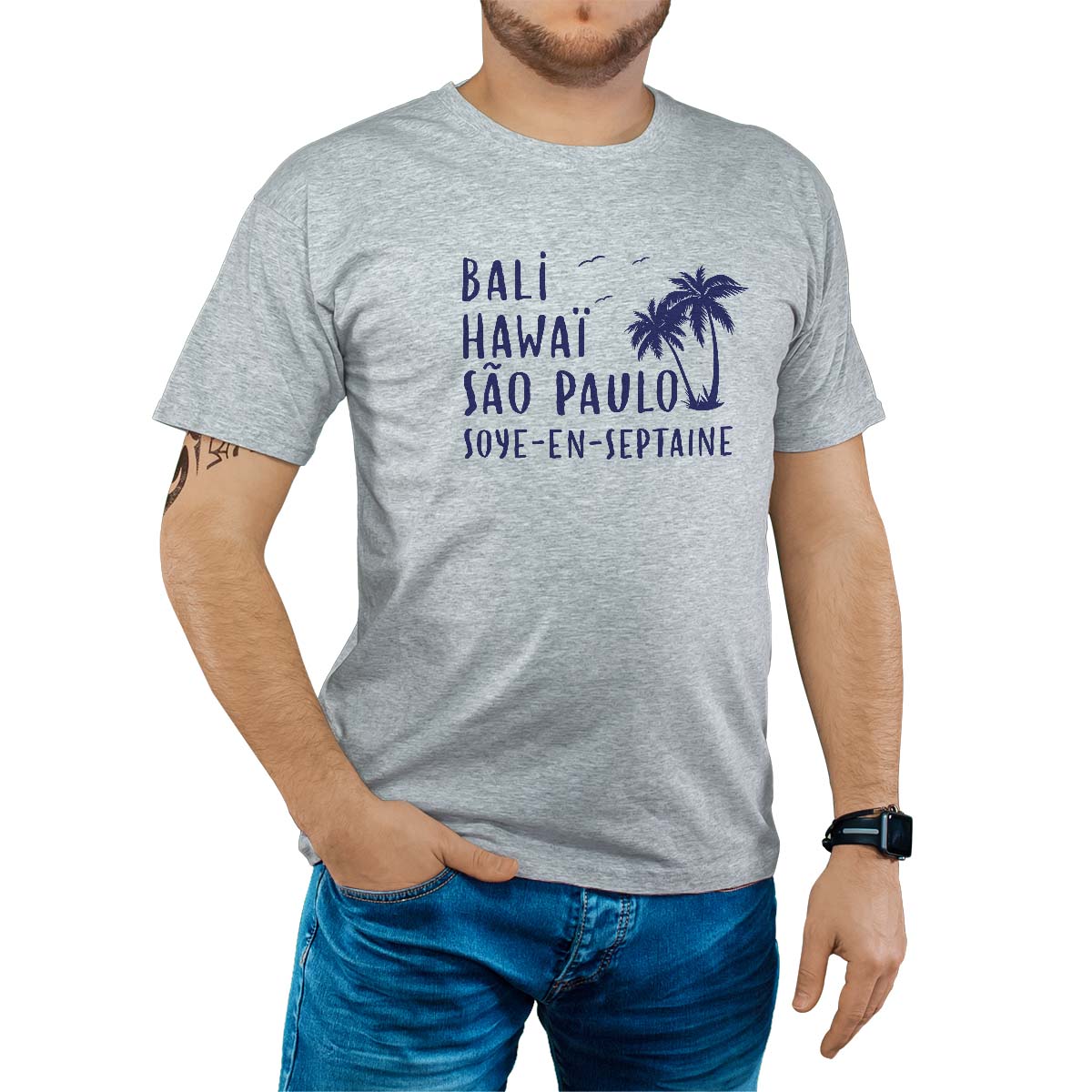 T-Shirt gris pour homme avec le message personnalisé marine bali hawaï sao-paulo soye-en-septaine