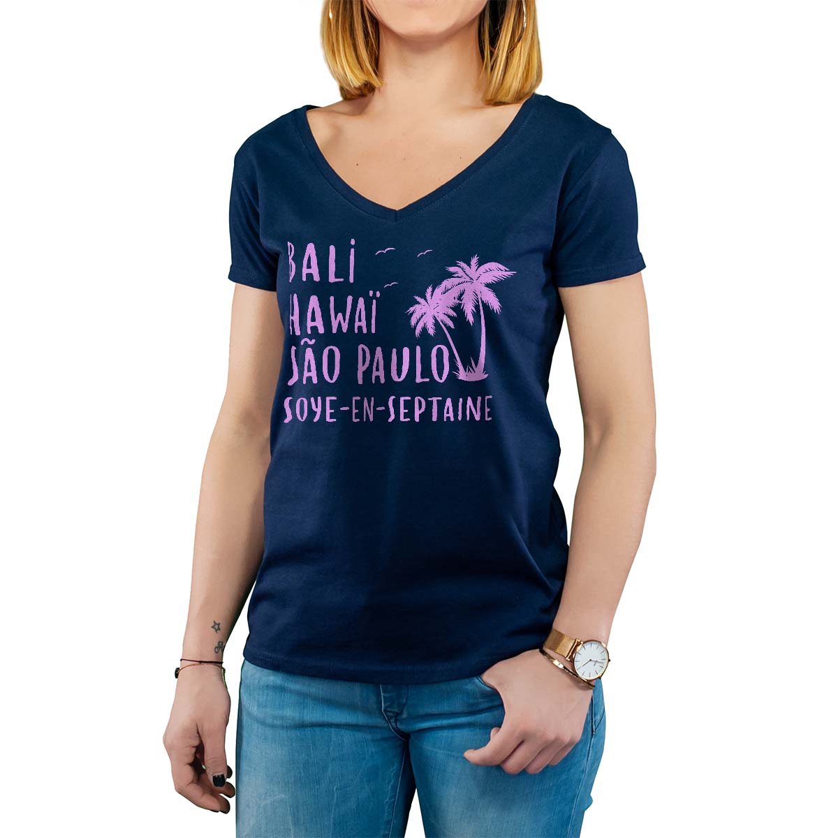 T-Shirt marine pour femme avec le message personnalisé rose bali hawaï sao-paulo soye-en-septaine