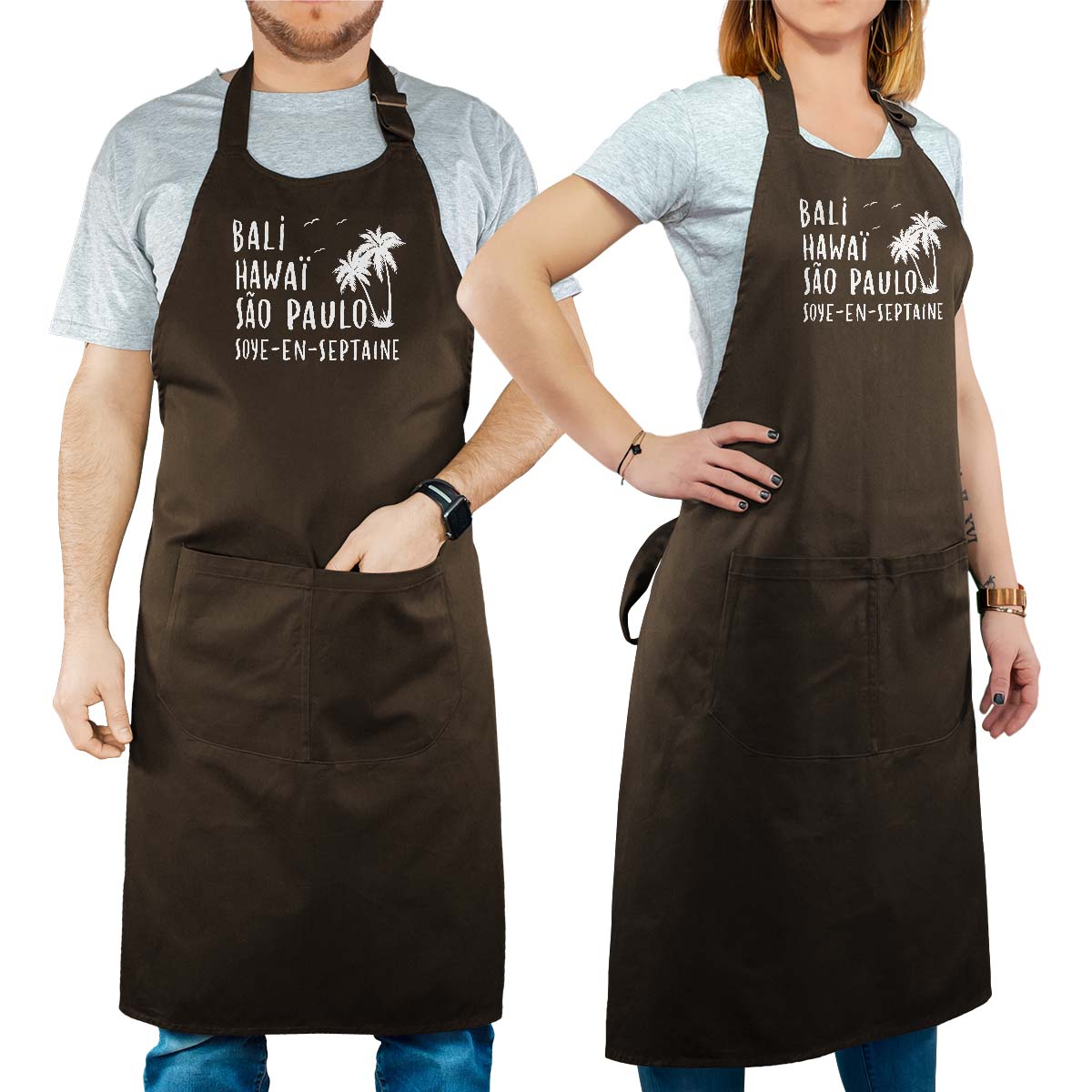 Tablier de cuisine personnalisé cacao pour femme avec le message personnalisé blanc bali hawaï sao-paulo soye-en-septaine