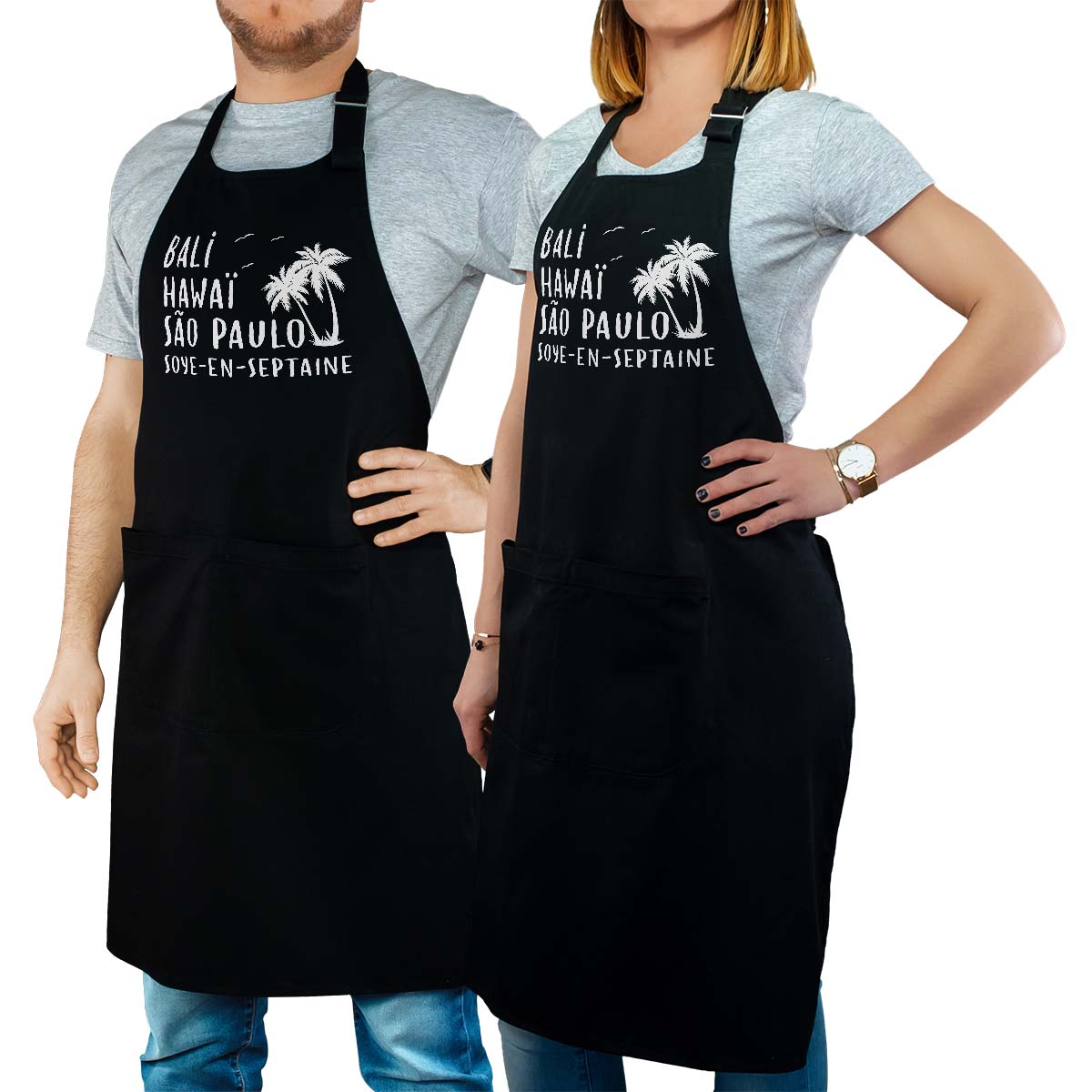 Tablier de cuisine personnalisé noir pour femme avec le message personnalisé blanc bali hawaï sao-paulo soye-en-septaine