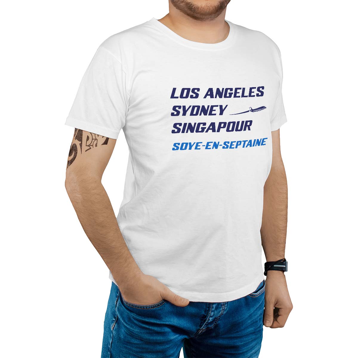 T-Shirt blanc pour homme avec le message personnalisé marine los angeles sydney singapour soye-en-septaine