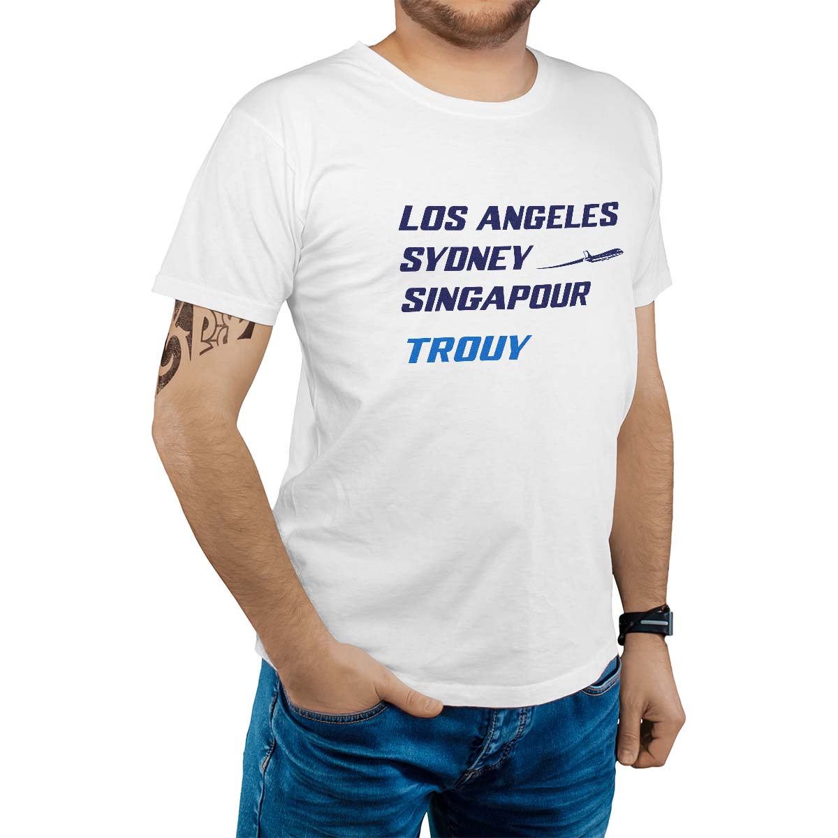 T-Shirt blanc pour homme avec le message personnalisé marine los angeles sydney singapour trouy