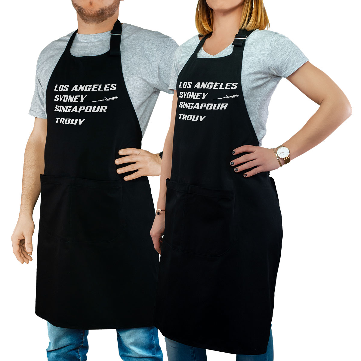 Tablier de cuisine personnalisé noir pour femme avec le message personnalisé blanc los angeles sydney singapour trouy