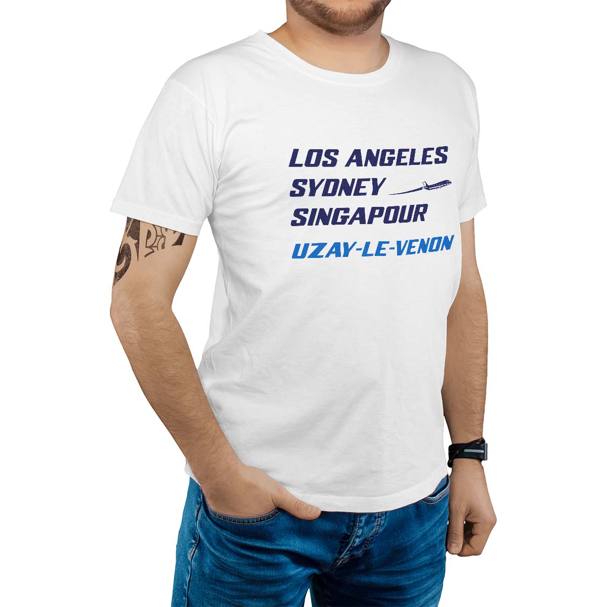 T-Shirt blanc pour homme avec le message personnalisé marine los angeles sydney singapour uzay-le-venon