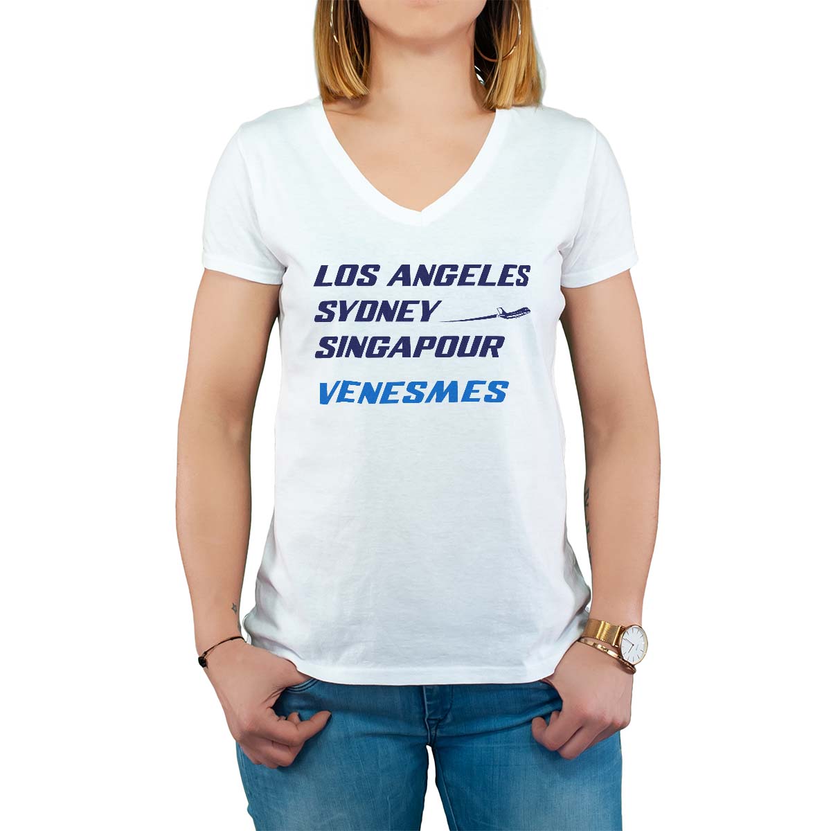 T-Shirt blanc pour femme avec le message personnalisé marine los angeles sydney singapour venesmes