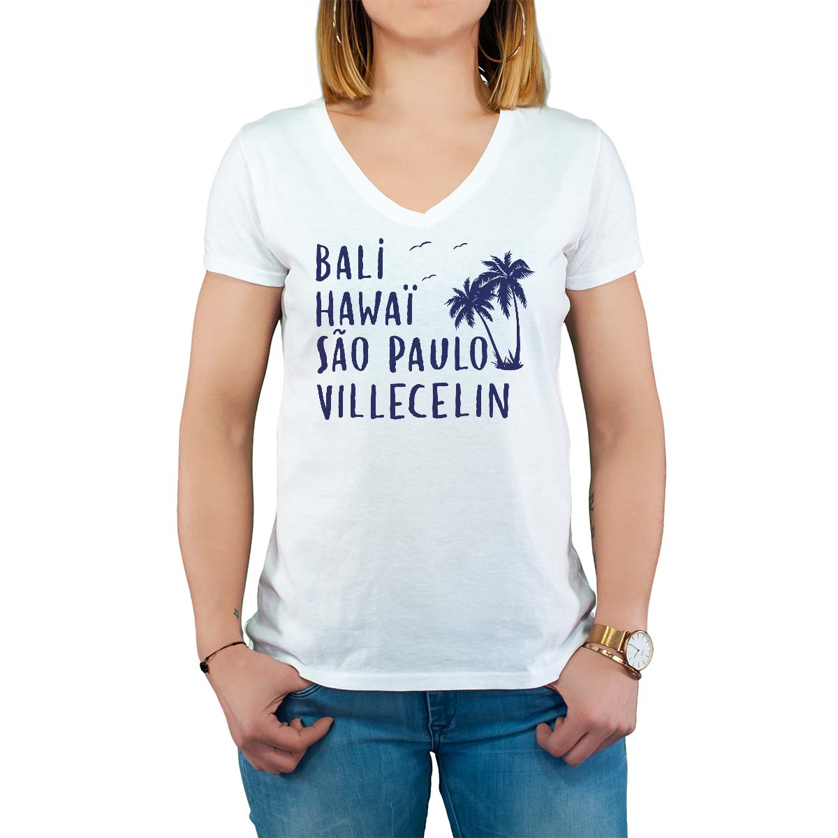 T-Shirt blanc pour femme avec le message personnalisé marine bali hawaï sao-paulo villecelin