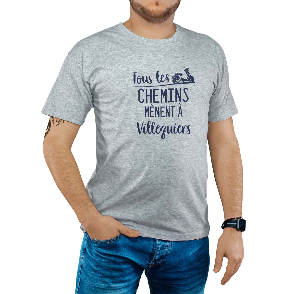 T-Shirt gris pour homme avec le message personnalisé marine tous les chemins mènent à villequiers