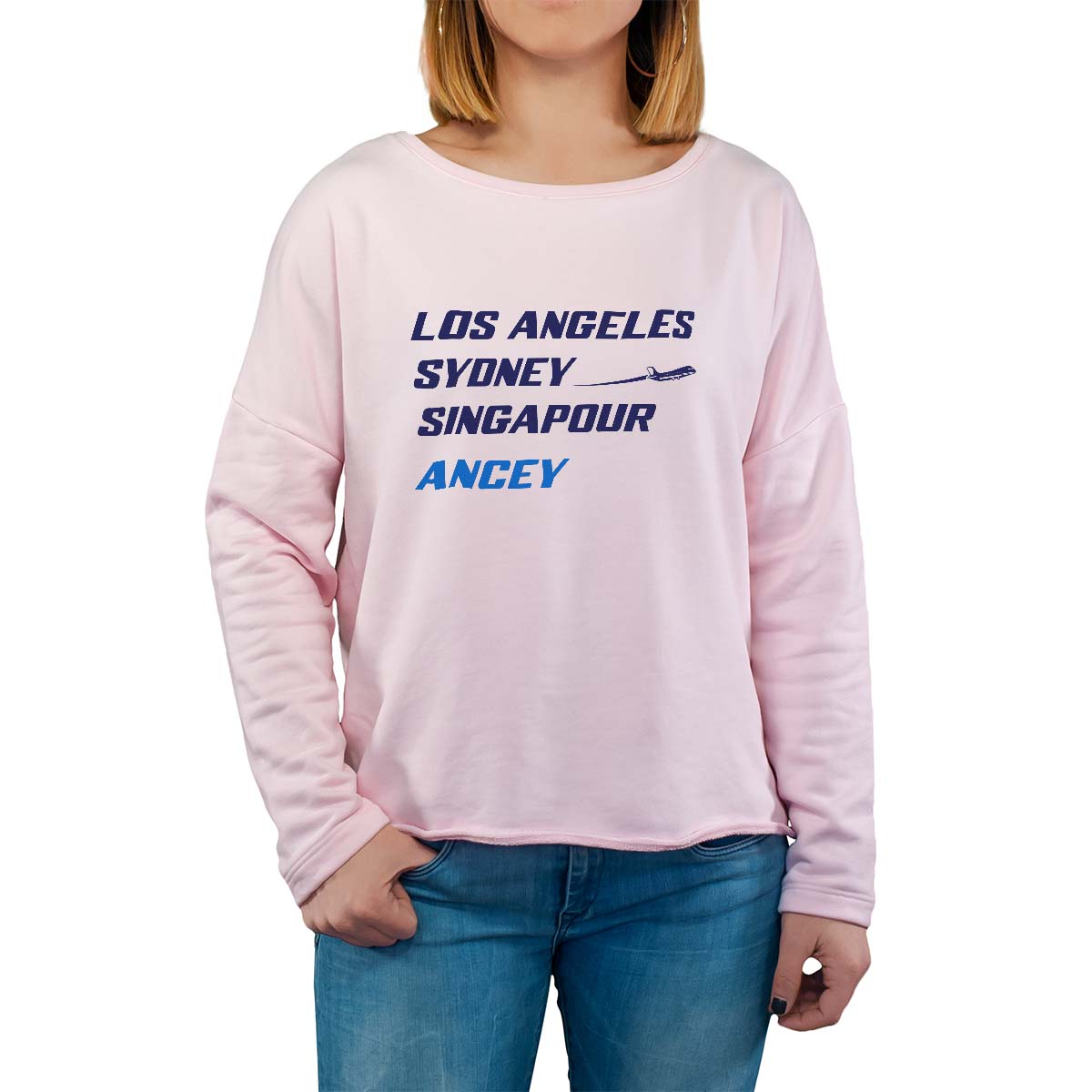 Sweat shirt rose pour femme avec le message personnalisé marine los angeles sydney singapour ancey