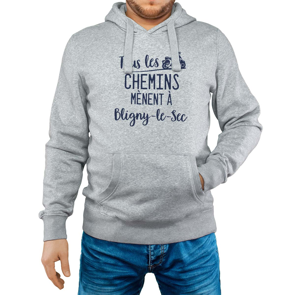 Sweat-shirt à capuche gris pour homme avec le message personnalisé marine tous les chemins mènent à bligny-le-sec