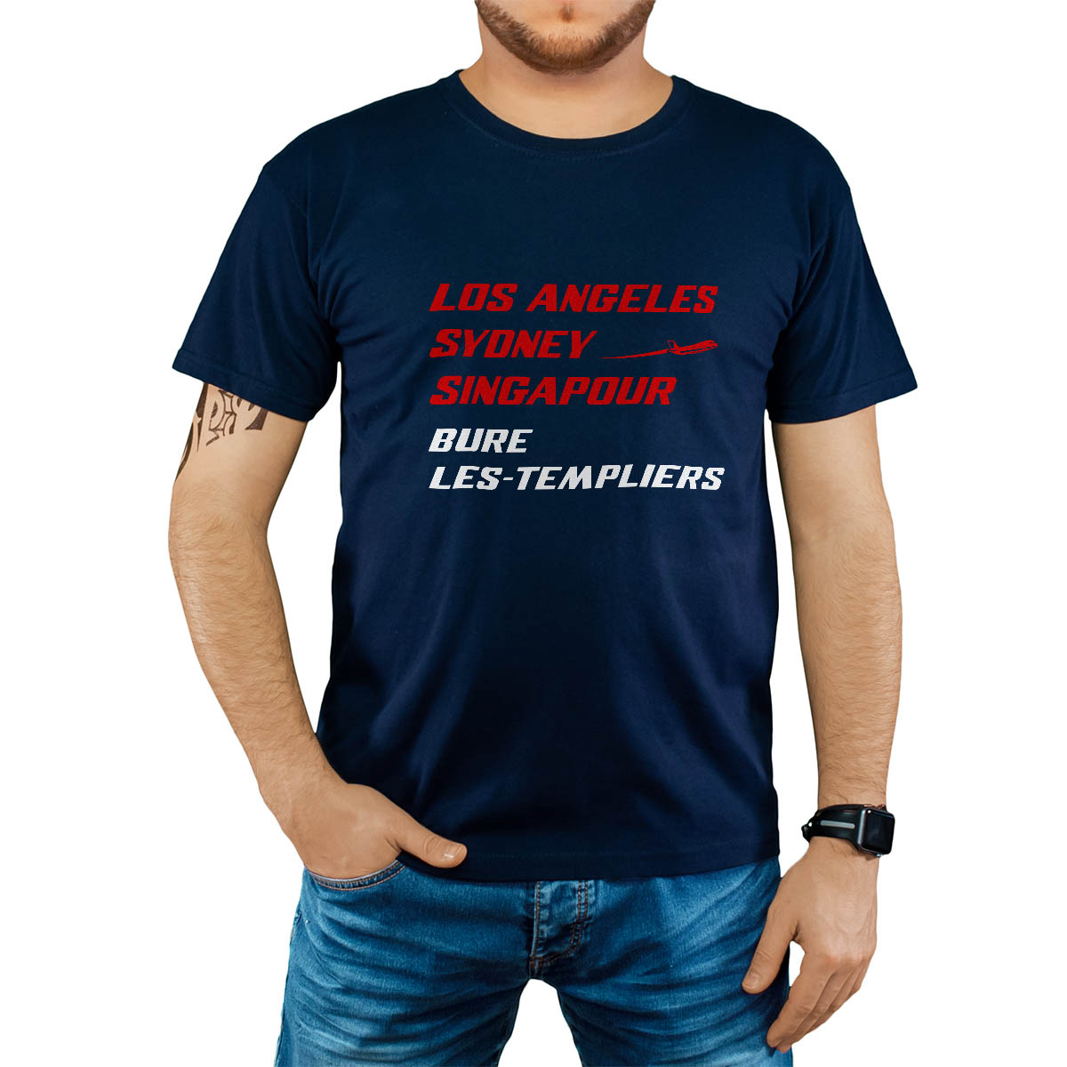 T-Shirt marine pour homme avec le message personnalisé rouge los angeles sydney singapour bure-les-templiers