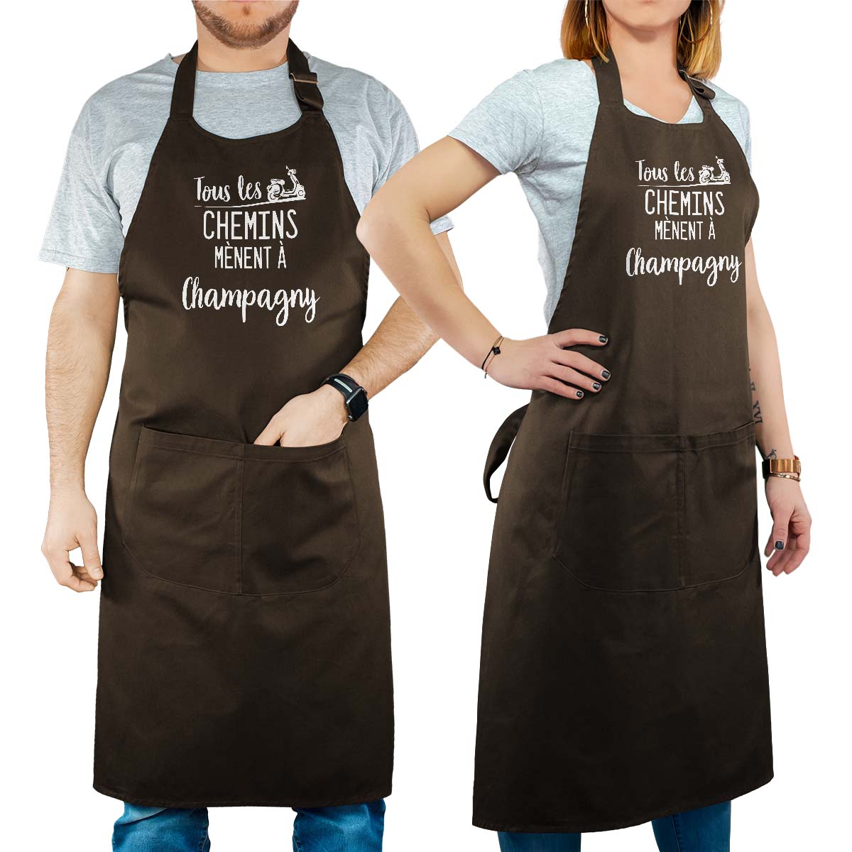Tablier de cuisine personnalisé cacao pour femme avec le message personnalisé blanc tous les chemins mènent à champagny