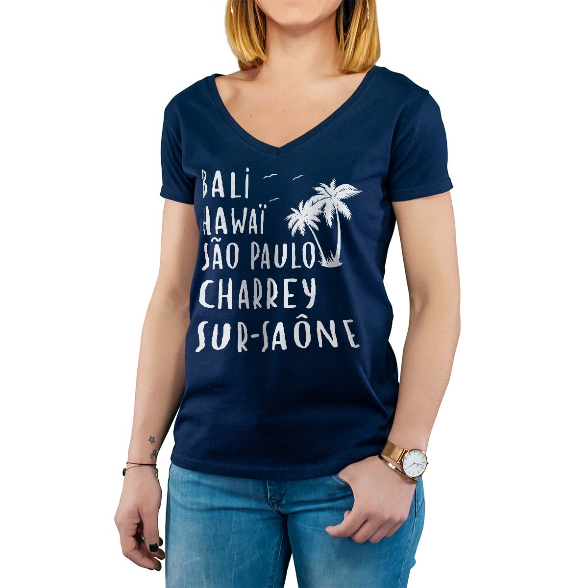 T-Shirt marine pour femme avec le message personnalisé blanc bali hawaï sao-paulo charrey-sur-saône