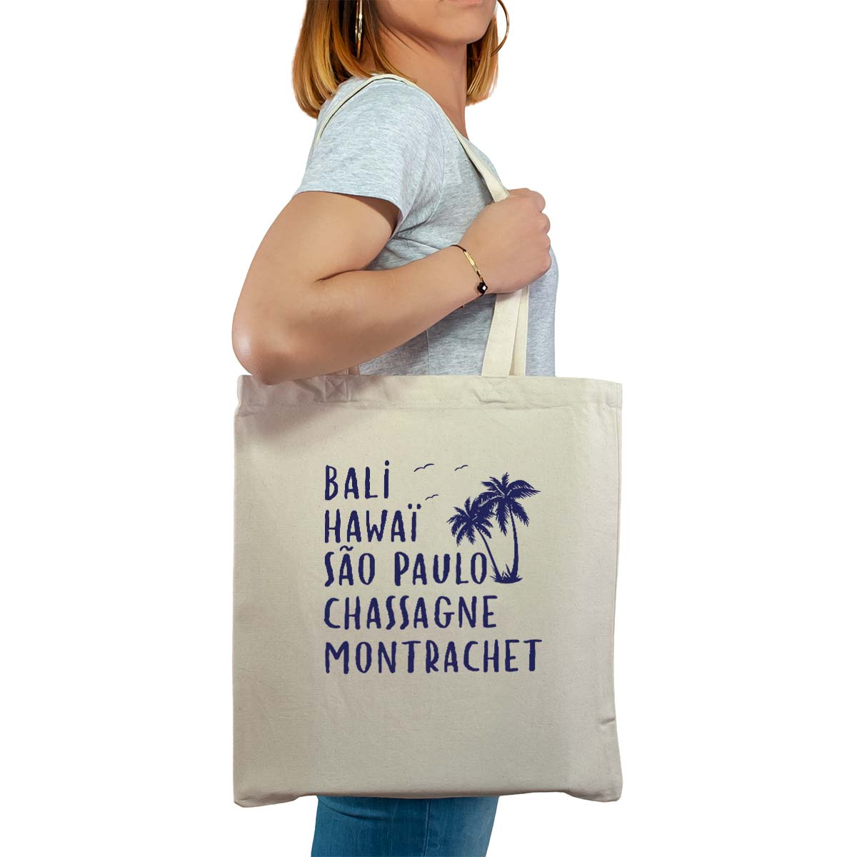 Totebag cabas personnalisé naturel pour femme avec le message personnalisé marine bali hawaï sao-paulo chassagne-montrachet