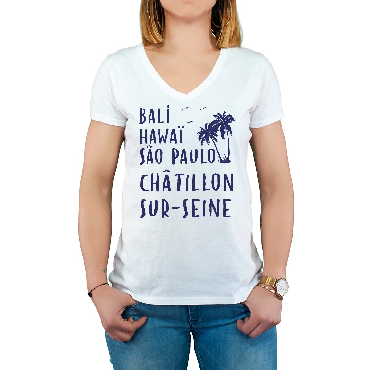 T-Shirt blanc pour femme avec le message personnalisé marine bali hawaï sao-paulo châtillon-sur-seine