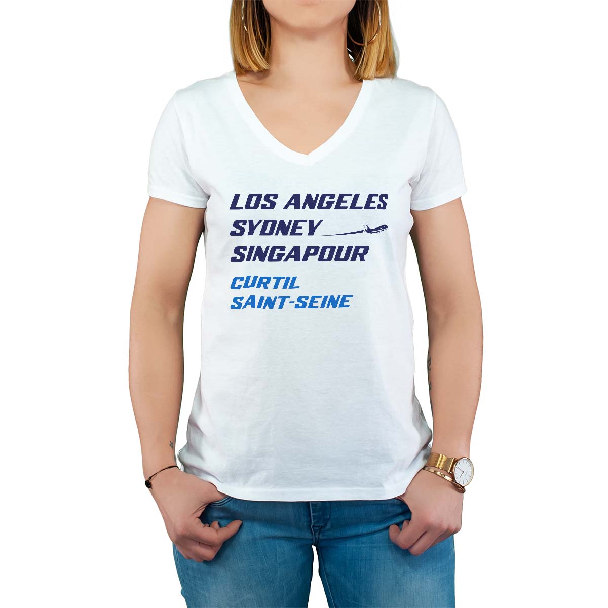 T-Shirt blanc pour femme avec le message personnalisé marine los angeles sydney singapour curtil-saint-seine
