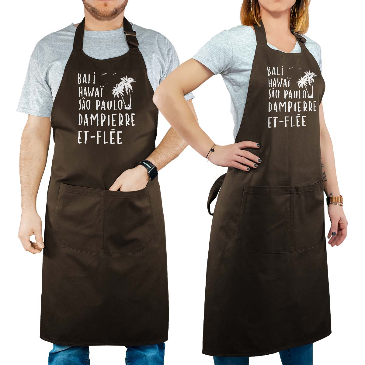 Tablier de cuisine personnalisé cacao pour femme avec le message personnalisé blanc bali hawaï sao-paulo dampierre-et-flée
