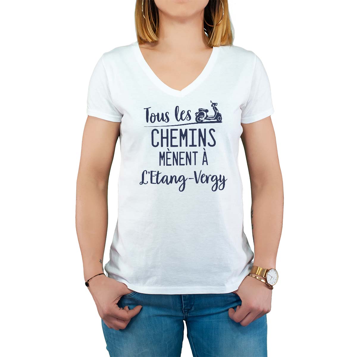 T-Shirt blanc pour femme avec le message personnalisé marine tous les chemins mènent à l'etang-vergy