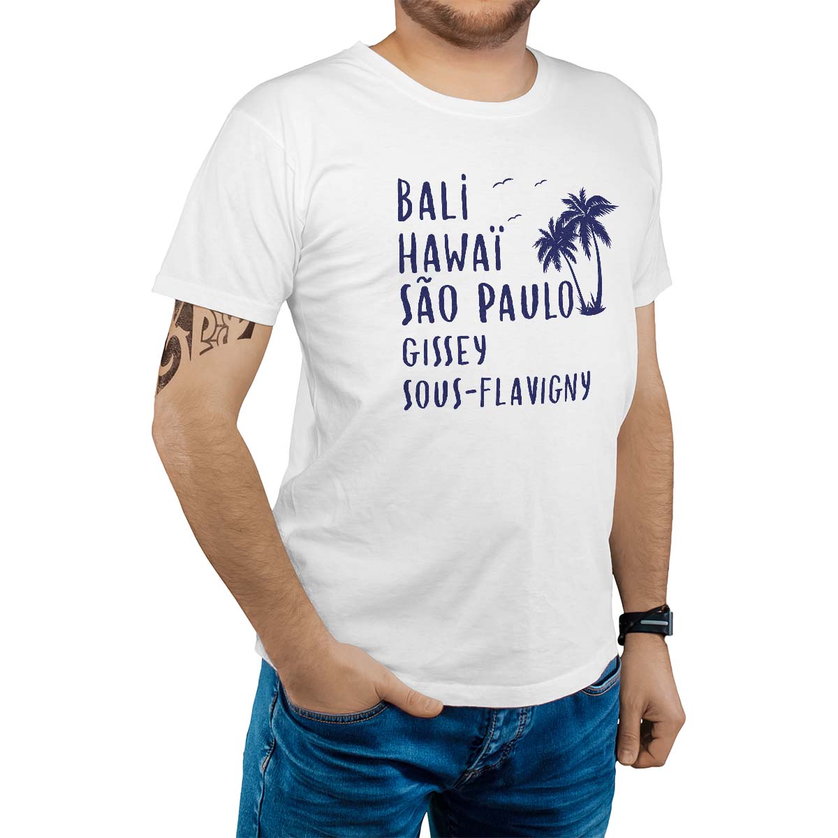T-Shirt blanc pour homme avec le message personnalisé marine bali hawaï sao-paulo gissey-sous-flavigny