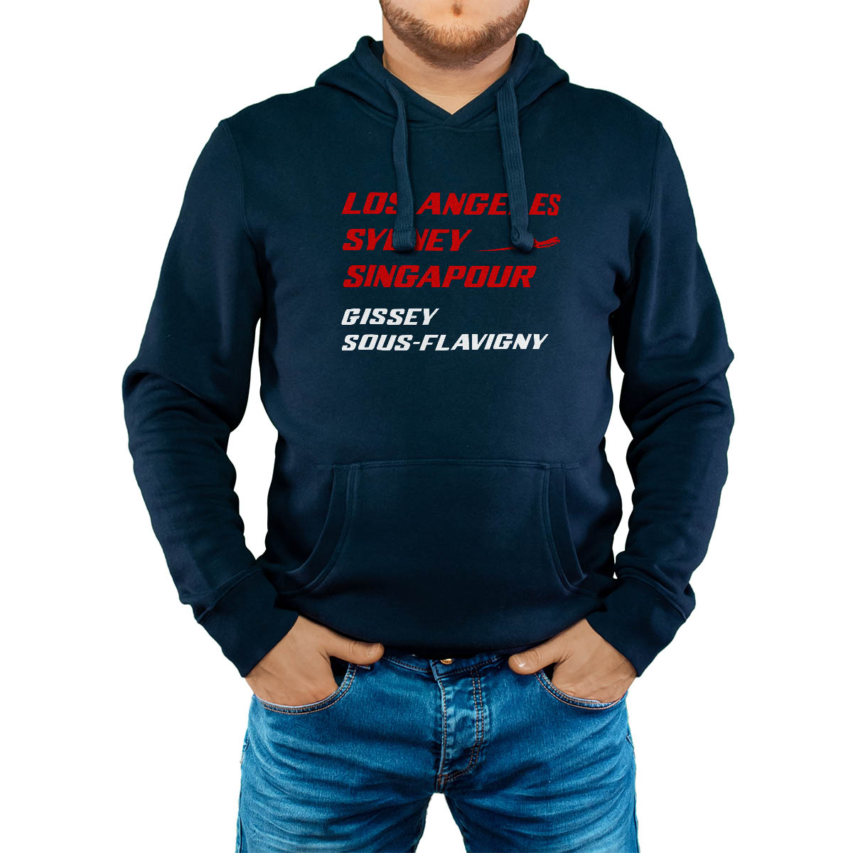 Sweat-shirt à capuche marine pour homme avec le message personnalisé rouge los angeles sydney singapour gissey-sous-flavigny