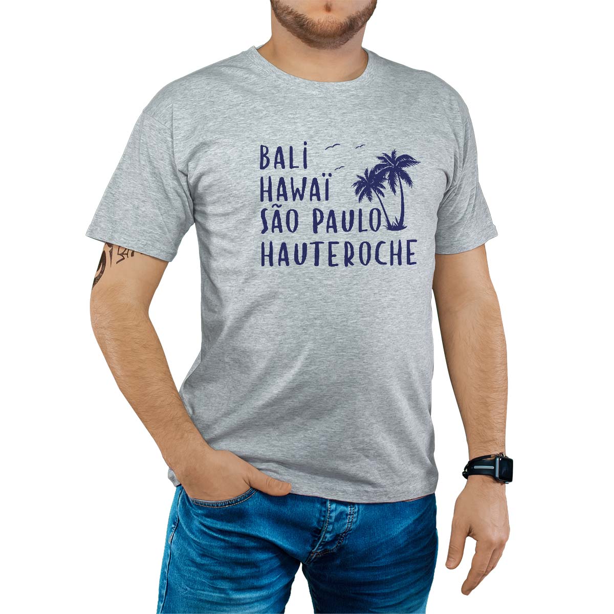 T-Shirt gris pour homme avec le message personnalisé marine bali hawaï sao-paulo hauteroche
