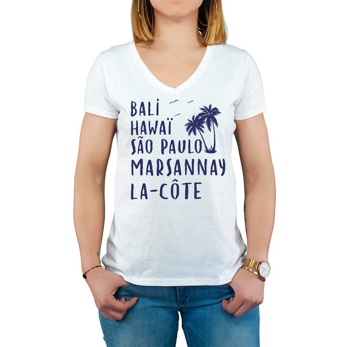T-Shirt blanc pour femme avec le message personnalisé marine bali hawaï sao-paulo marsannay-la-côte