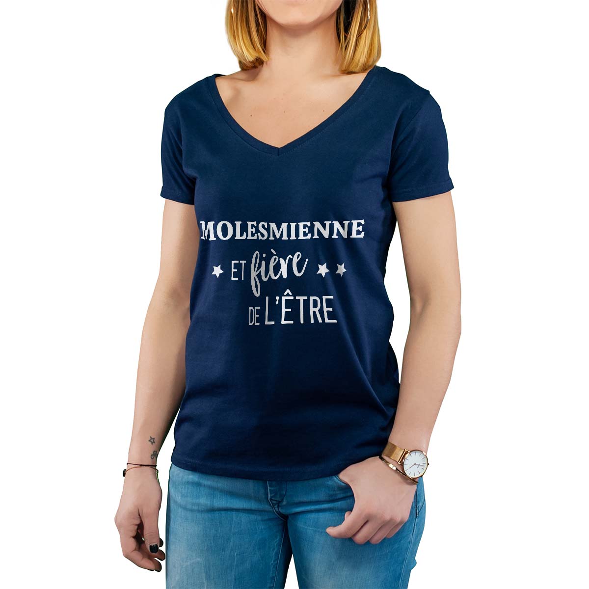 T-Shirt marine pour femme avec le message personnalisé blanc molesmienne  et fière de l'être