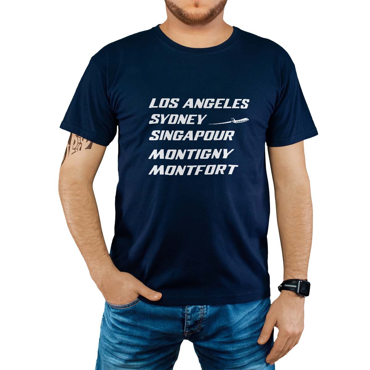 T-Shirt marine pour homme avec le message personnalisé blanc los angeles sydney singapour montigny-montfort