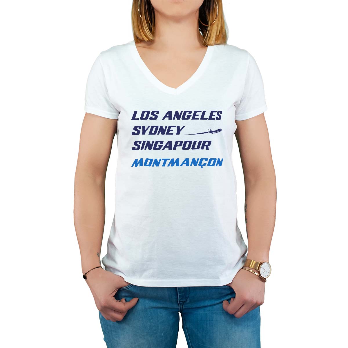 T-Shirt blanc pour femme avec le message personnalisé marine los angeles sydney singapour montmançon