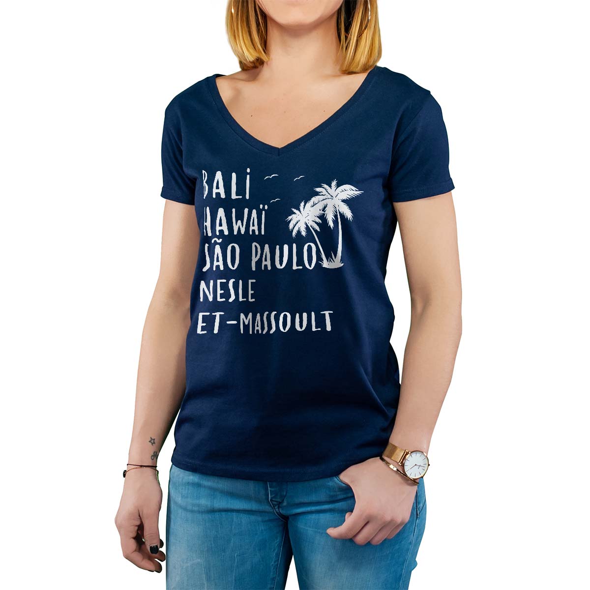 T-Shirt marine pour femme avec le message personnalisé blanc bali hawaï sao-paulo nesle-et-massoult
