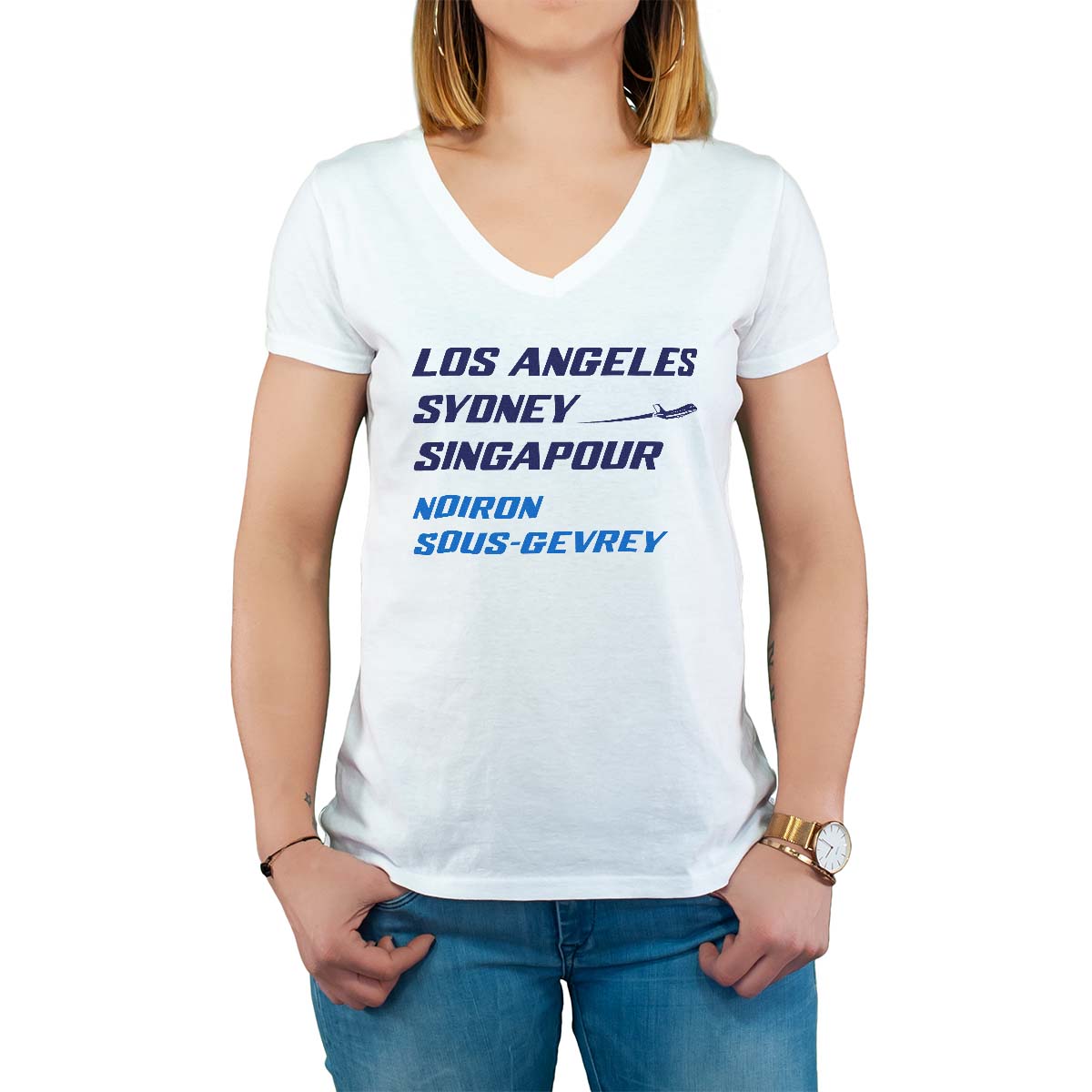 T-Shirt blanc pour femme avec le message personnalisé marine los angeles sydney singapour noiron-sous-gevrey