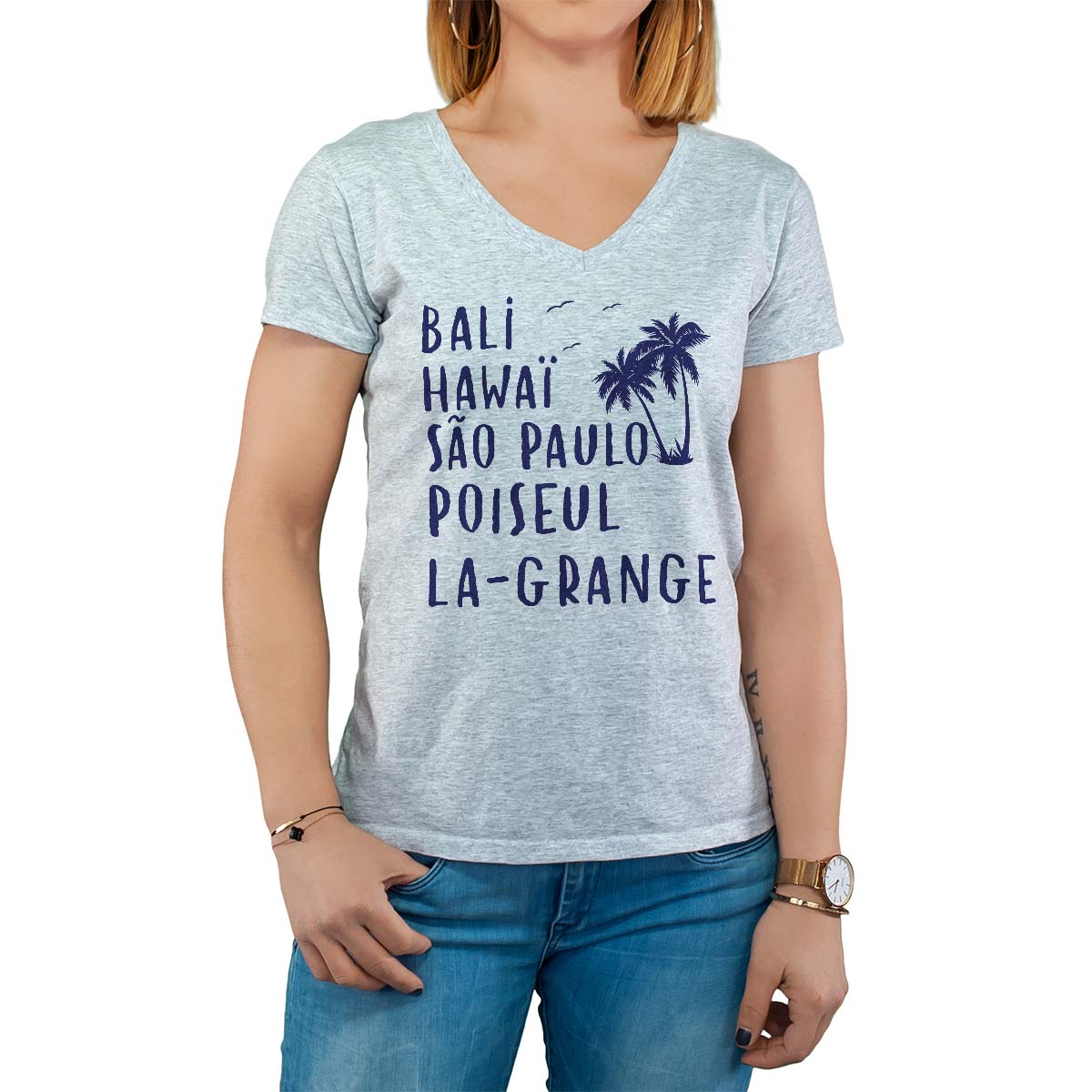 T-Shirt gris pour femme avec le message personnalisé marine bali hawaï sao-paulo poiseul-la-grange