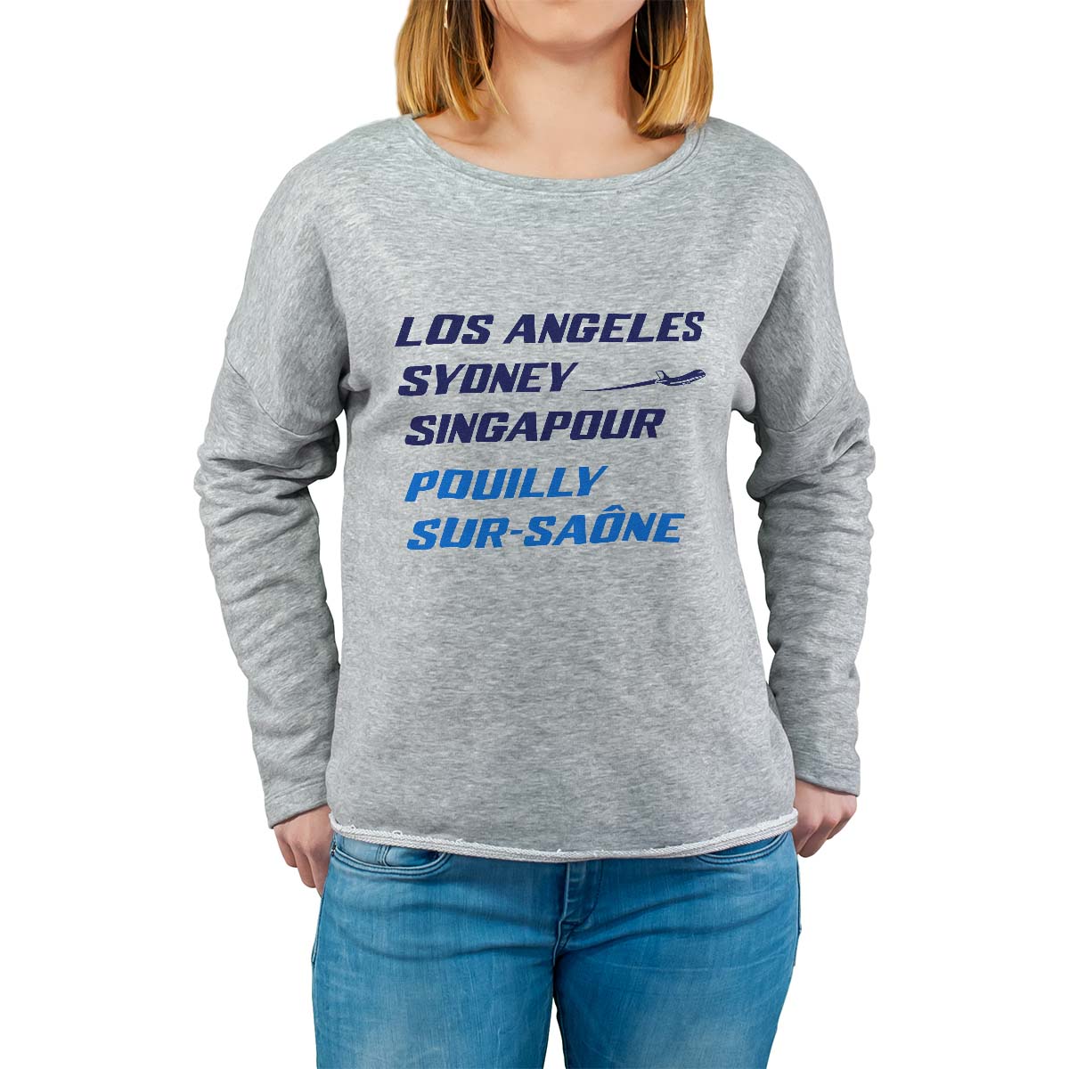Sweat shirt gris pour femme avec le message personnalisé marine los angeles sydney singapour pouilly-sur-saône