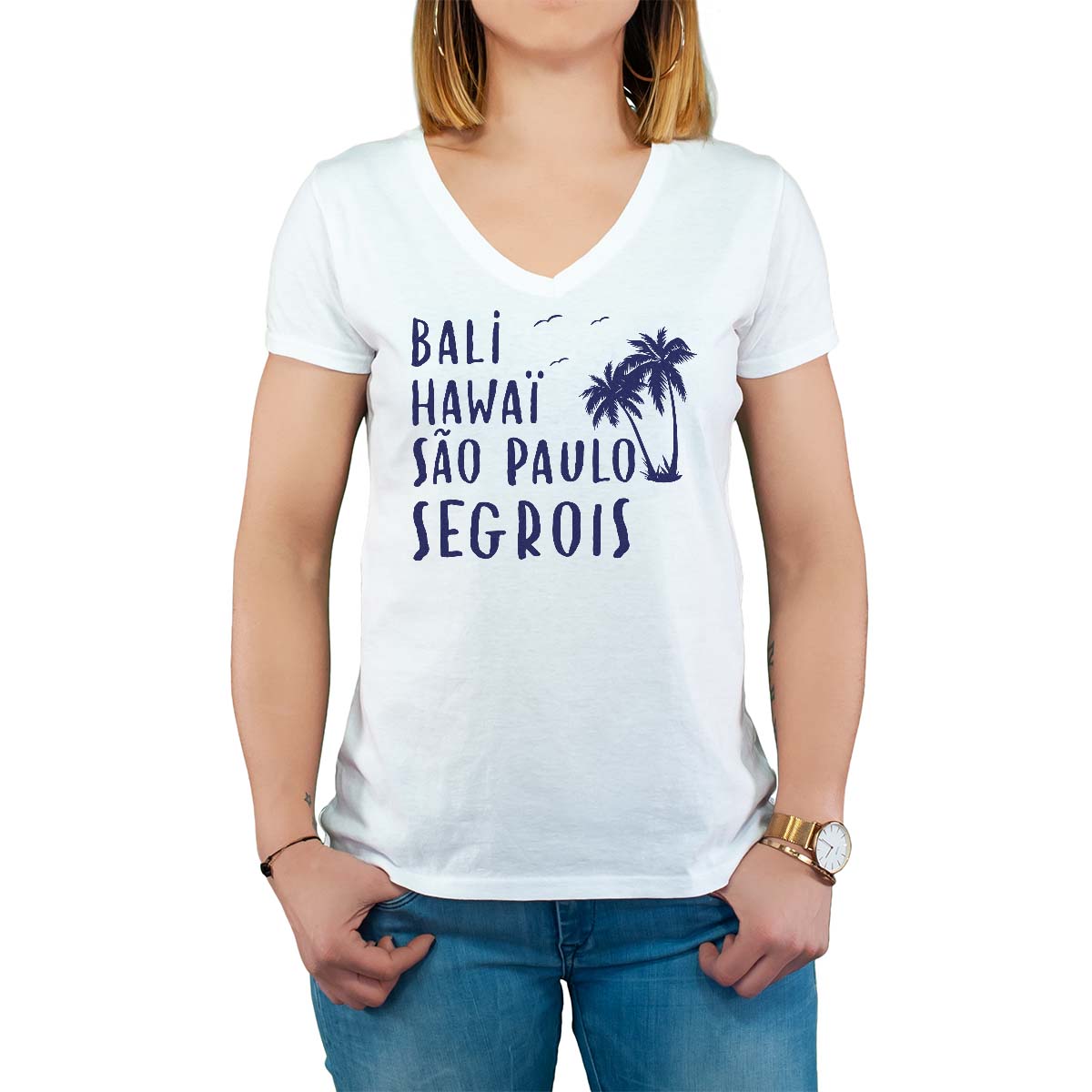 T-Shirt blanc pour femme avec le message personnalisé marine bali hawaï sao-paulo segrois