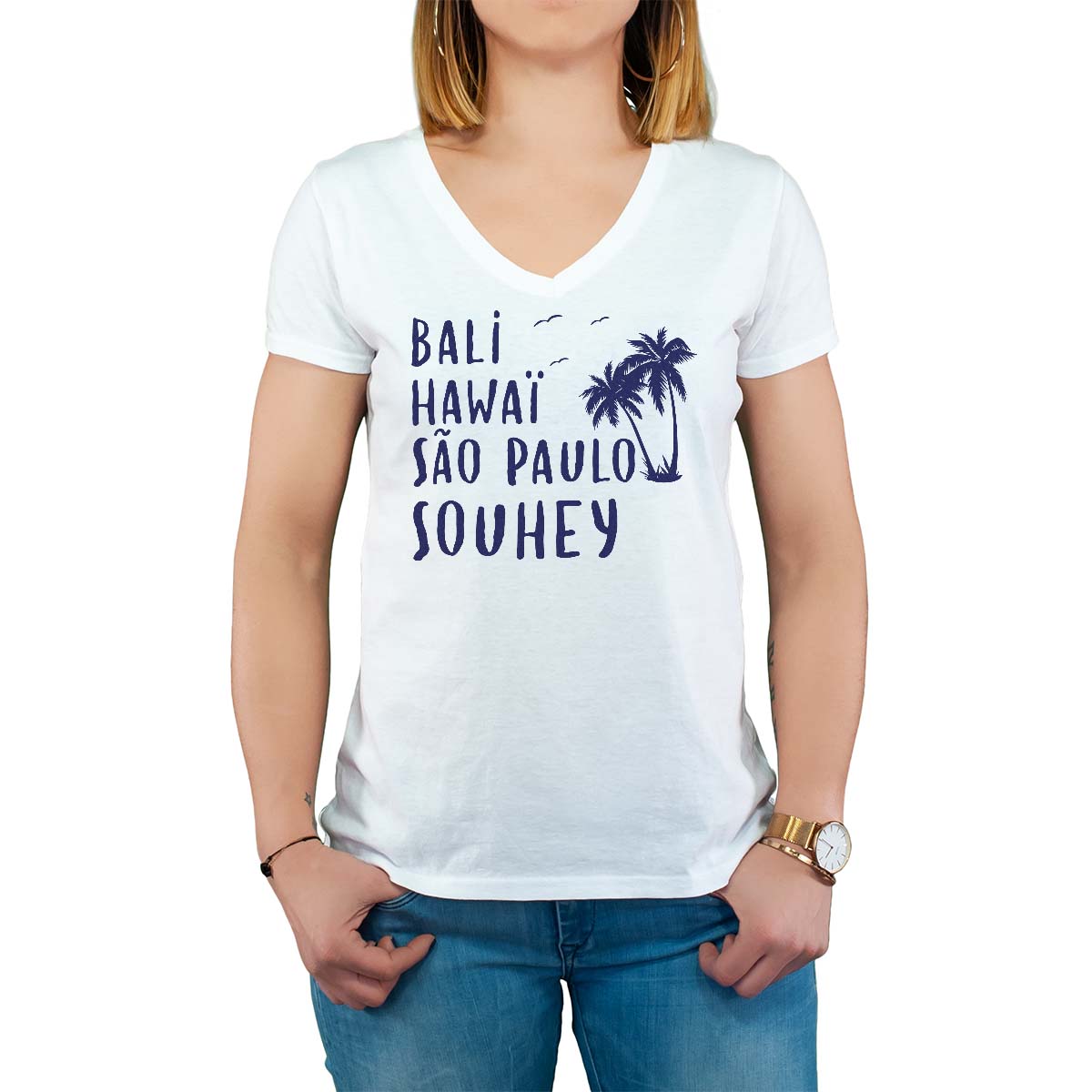 T-Shirt blanc pour femme avec le message personnalisé marine bali hawaï sao-paulo souhey