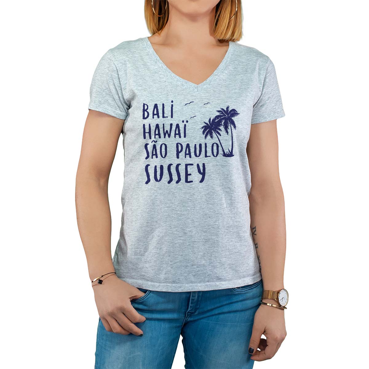 T-Shirt gris pour femme avec le message personnalisé marine bali hawaï sao-paulo sussey