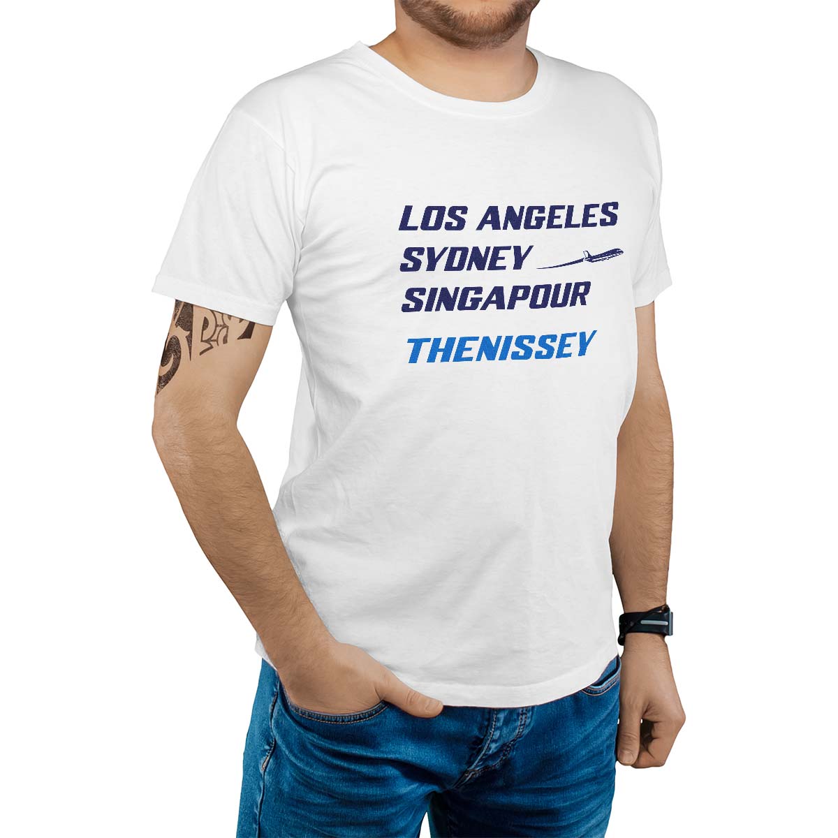 T-Shirt blanc pour homme avec le message personnalisé marine los angeles sydney singapour thenissey