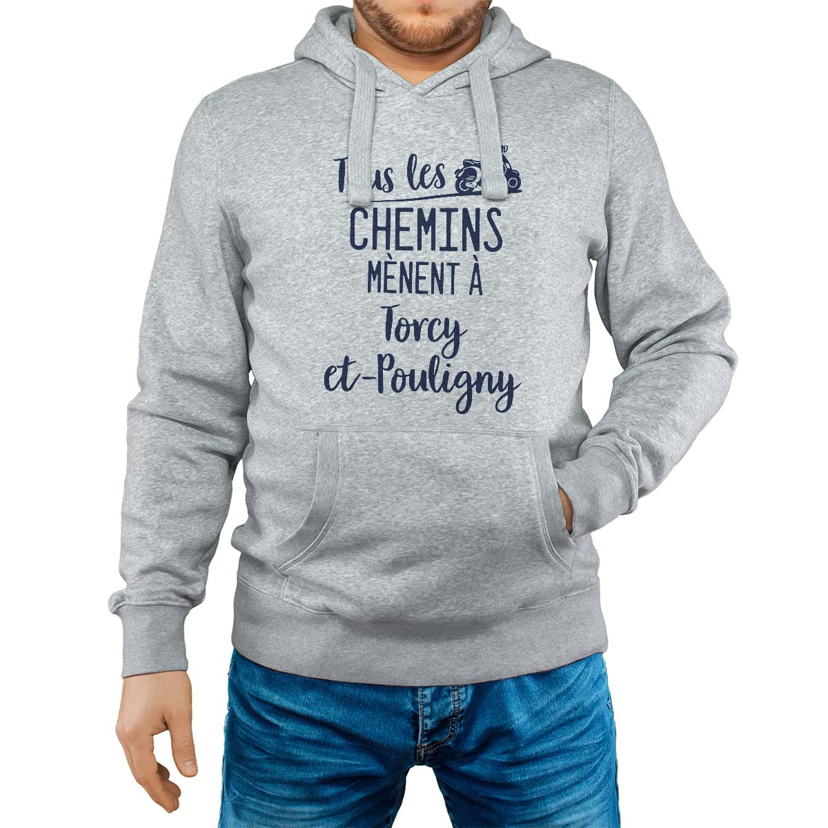 Sweat-shirt à capuche gris pour homme avec le message personnalisé marine tous les chemins mènent à torcy-et-pouligny