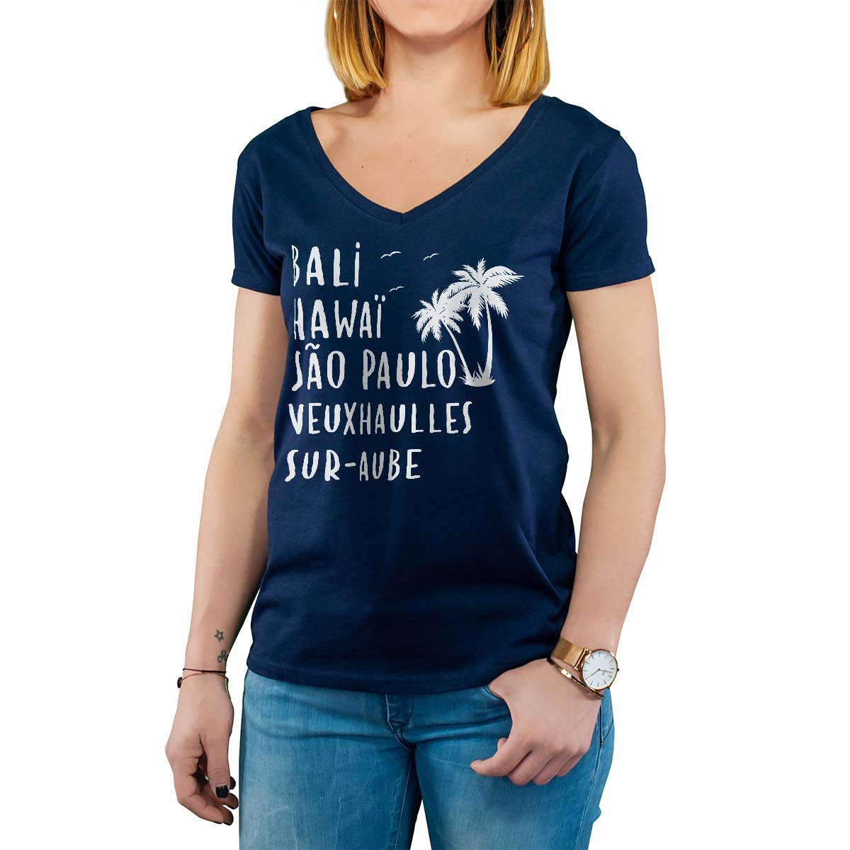 T-Shirt marine pour femme avec le message personnalisé blanc bali hawaï sao-paulo veuxhaulles-sur-aube