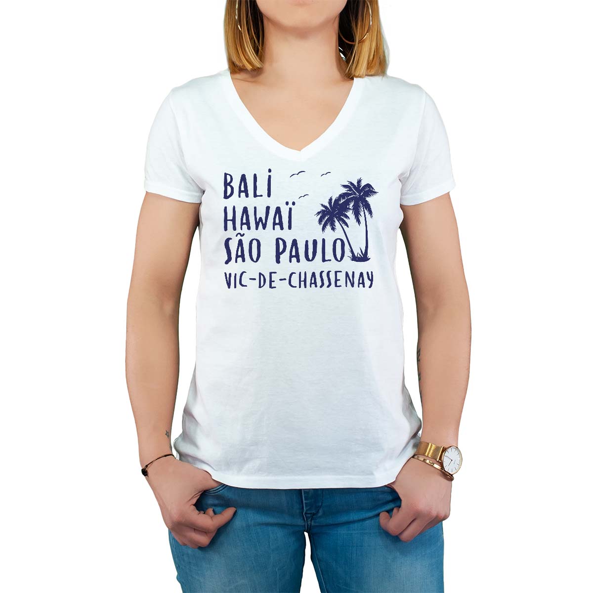 T-Shirt blanc pour femme avec le message personnalisé marine bali hawaï sao-paulo vic-de-chassenay