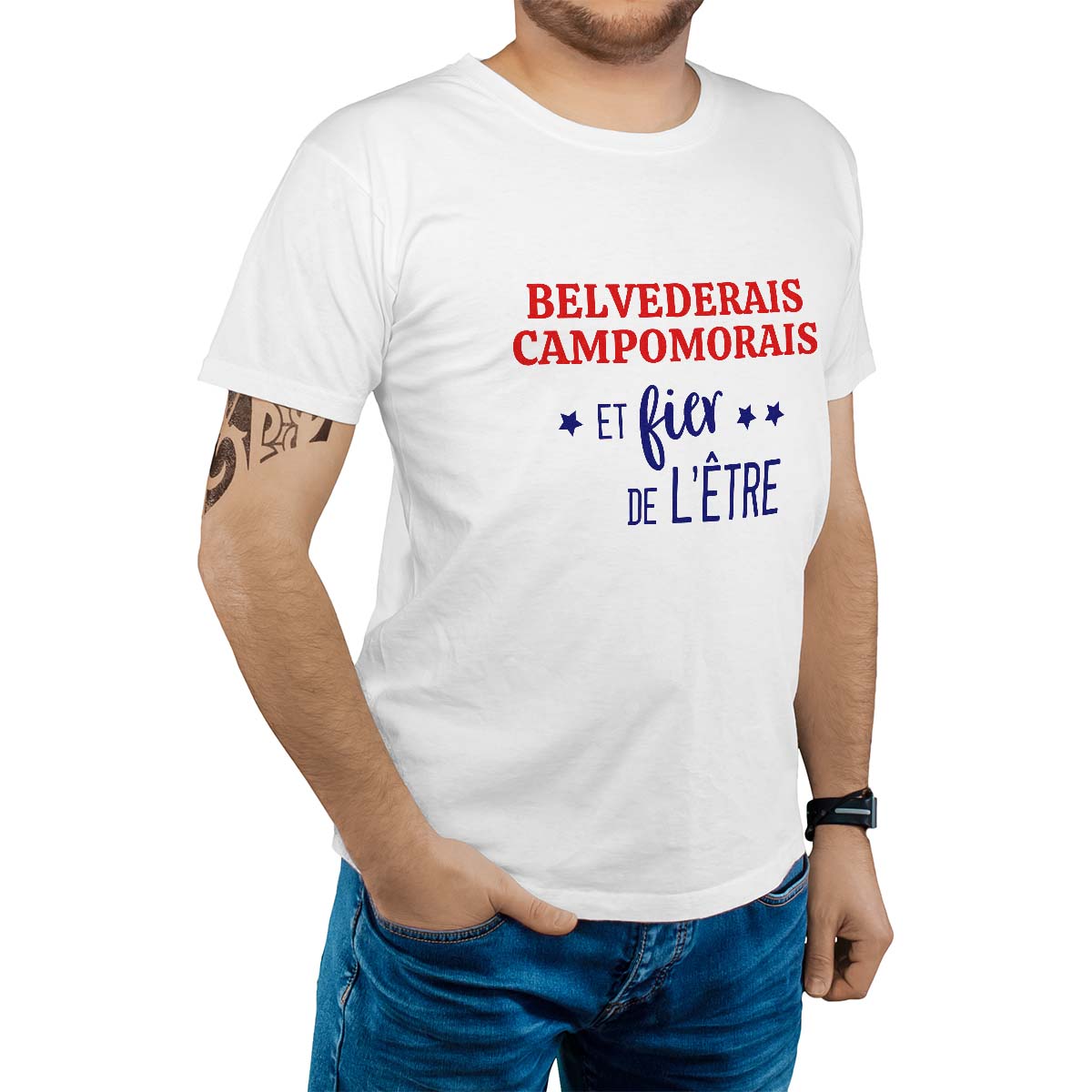T-Shirt blanc pour homme avec le message personnalisé marine belvederais-campomorais  et fier de l'être