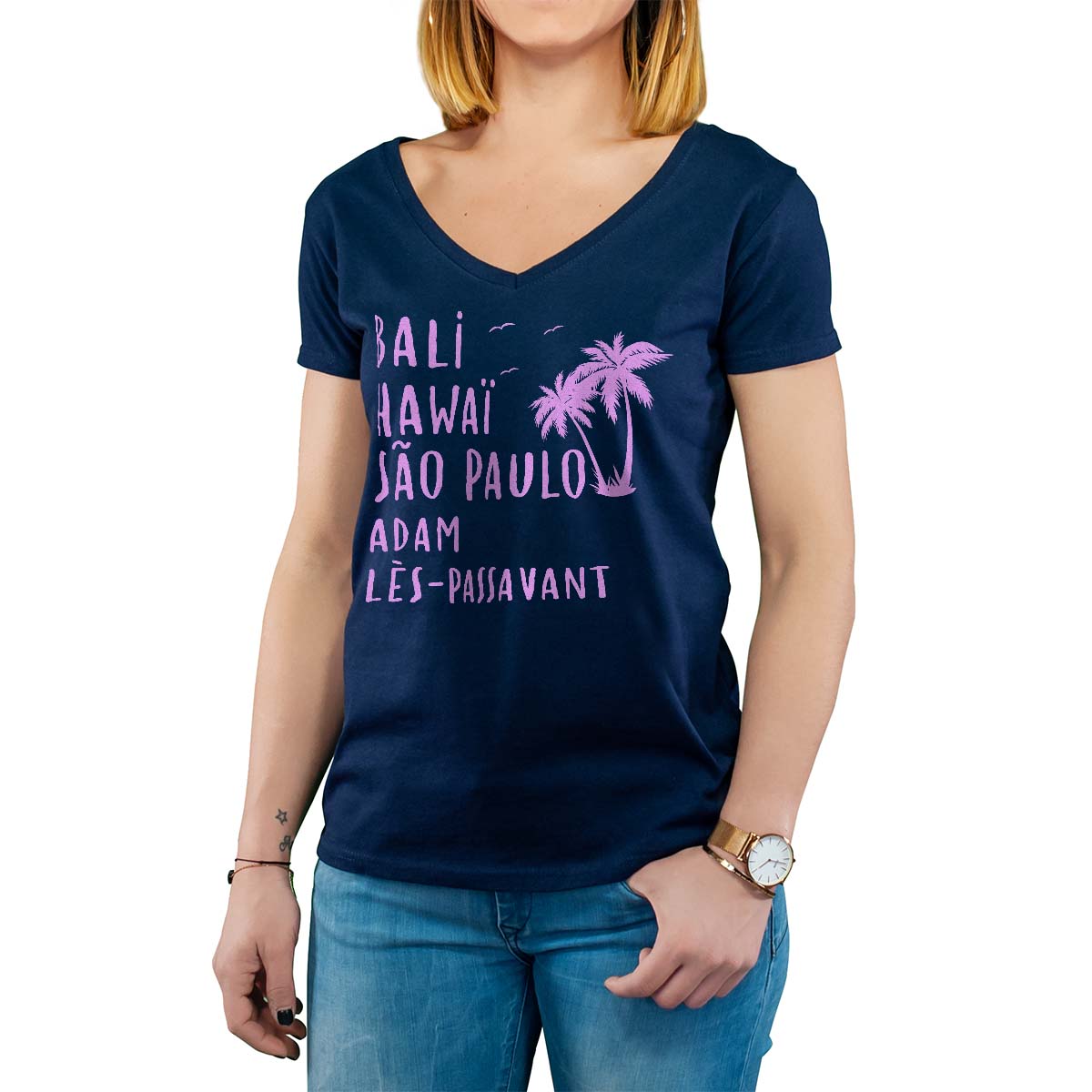 T-Shirt marine pour femme avec le message personnalisé rose bali hawaï sao-paulo adam-lès-passavant