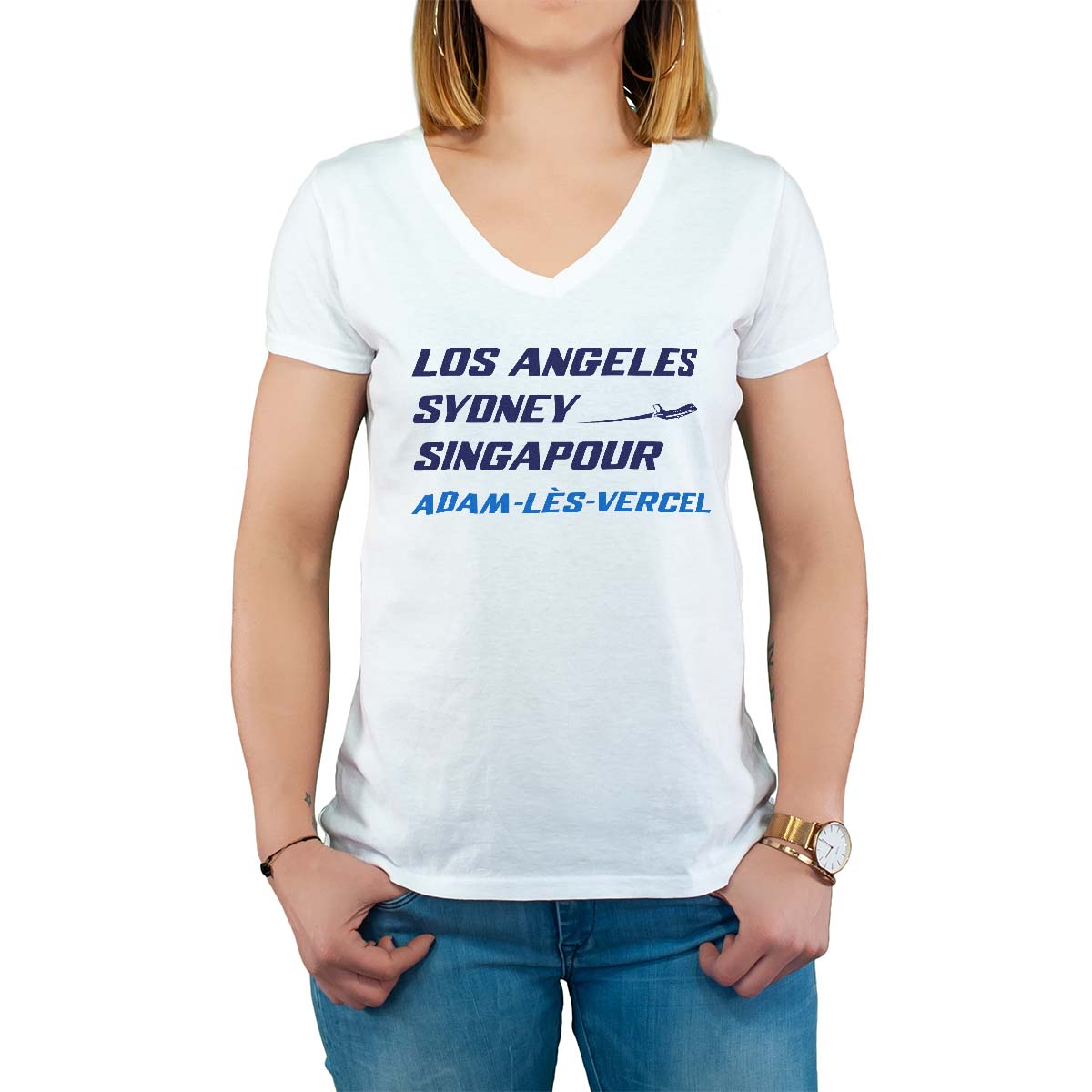 T-Shirt blanc pour femme avec le message personnalisé marine los angeles sydney singapour adam-lès-vercel