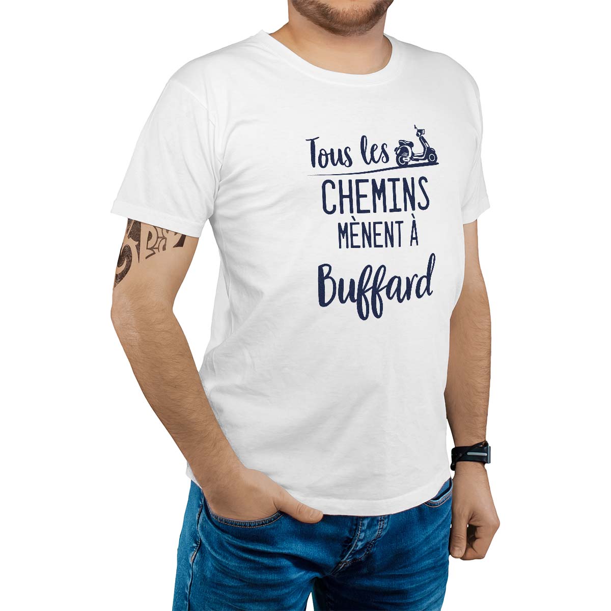 T-Shirt blanc pour homme avec le message personnalisé marine tous les chemins mènent à buffard