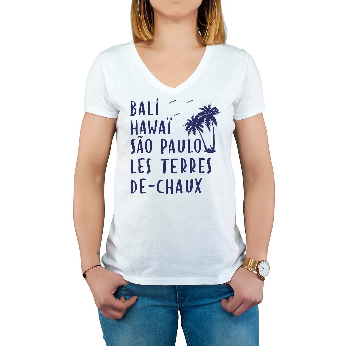 T-Shirt blanc pour femme avec le message personnalisé marine bali hawaï sao-paulo les terres-de-chaux