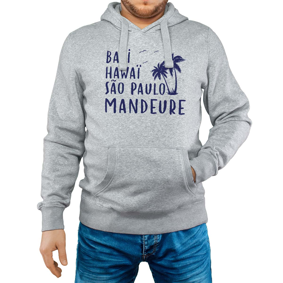 Sweat-shirt à capuche gris pour homme avec le message personnalisé marine bali hawaï sao-paulo mandeure