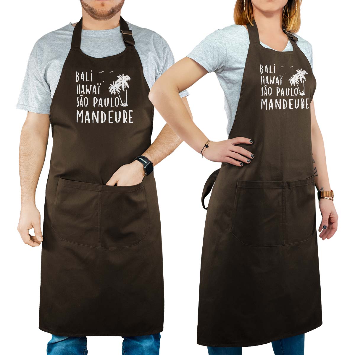 Tablier de cuisine personnalisé cacao pour femme avec le message personnalisé blanc bali hawaï sao-paulo mandeure