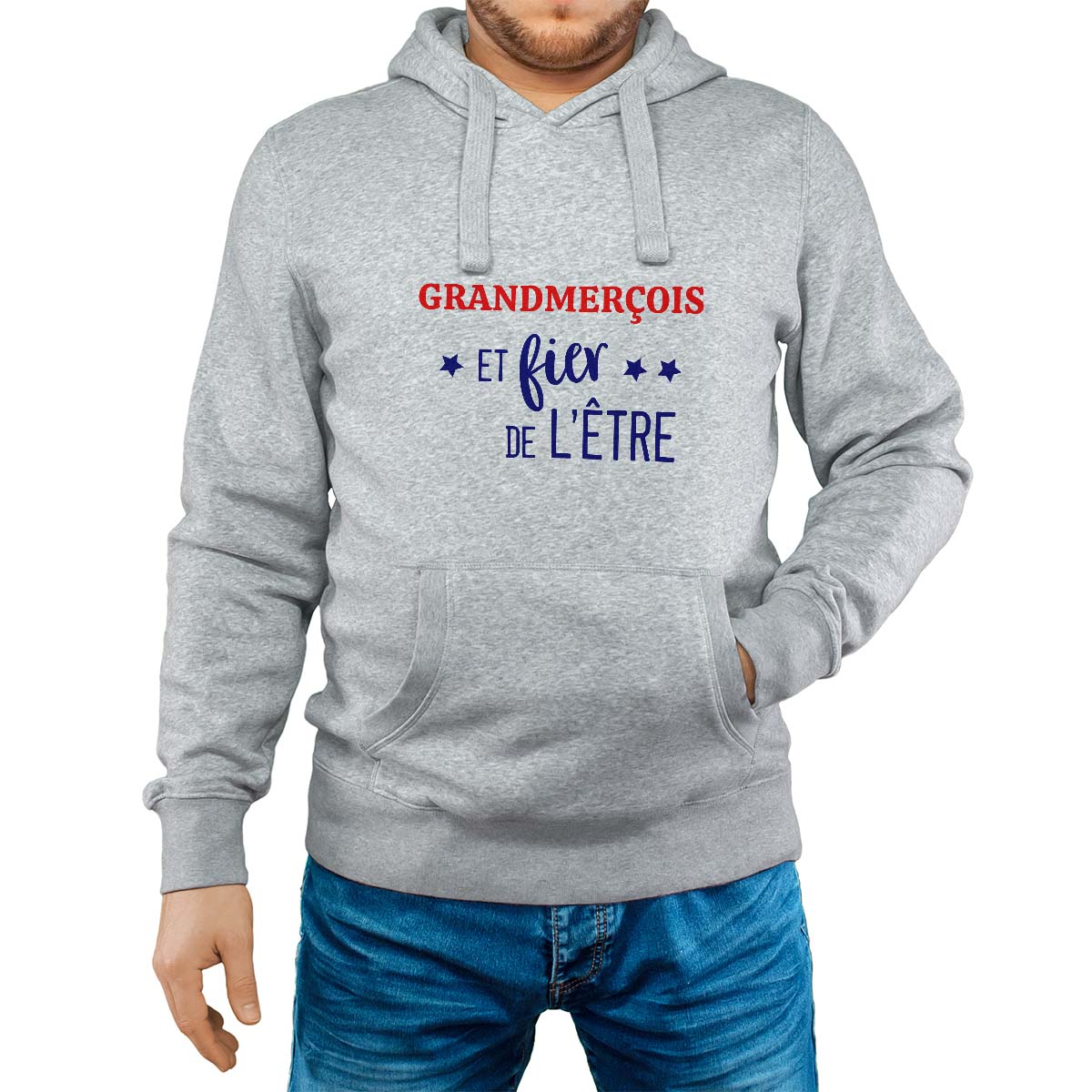 Sweat-shirt à capuche gris pour homme avec le message personnalisé marine grandmerçois  et fier de l'être